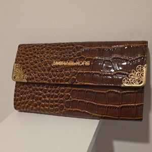 Michael Kors Brown Croc-Embossed Wallet with Gold Details